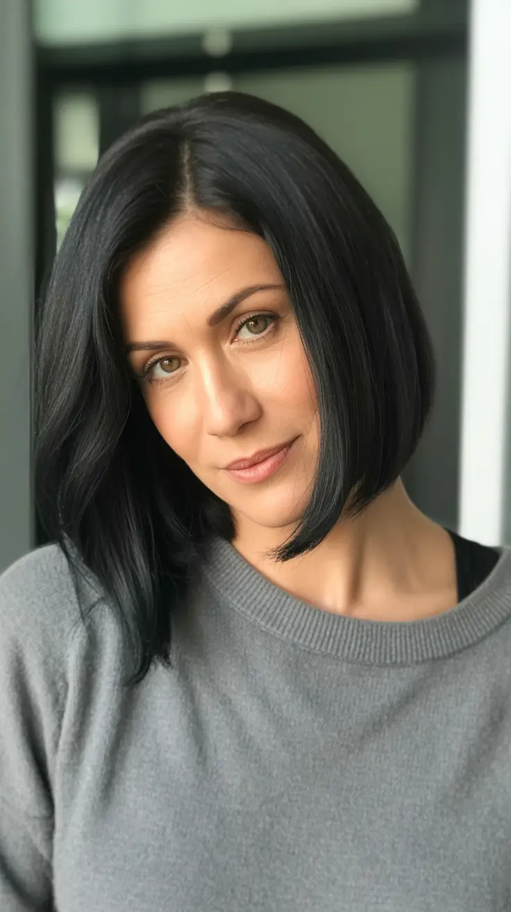 professional spring haircuts for women over 40 2026 Glossy Precision Blunt Bob with Deep Side Part