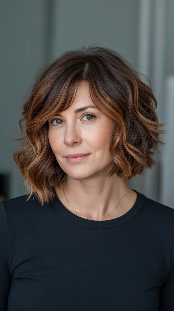 professional spring haircuts for women over 40 2026 Soft Wavy Layered Lob with Dimensional Highlights