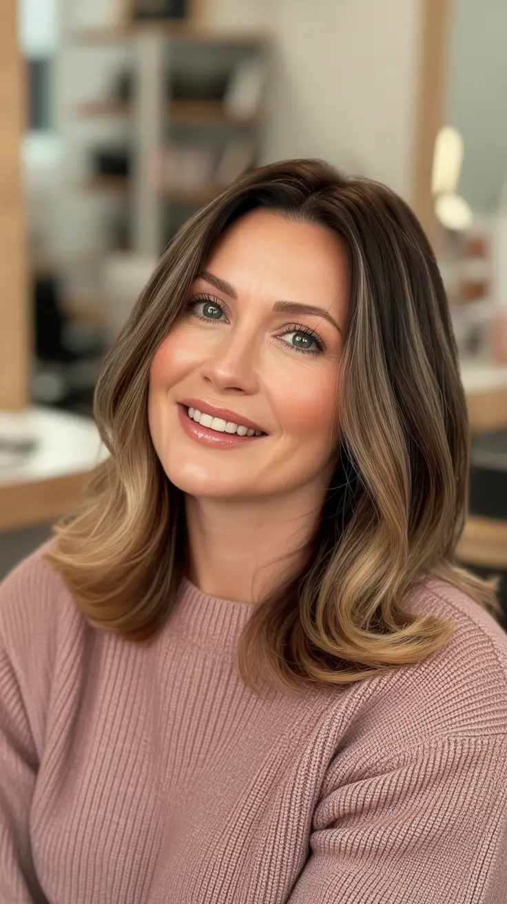 professional spring haircuts for women over 40 2026 Soft Shoulder-Length Layers with Glossy Brunette Dimension