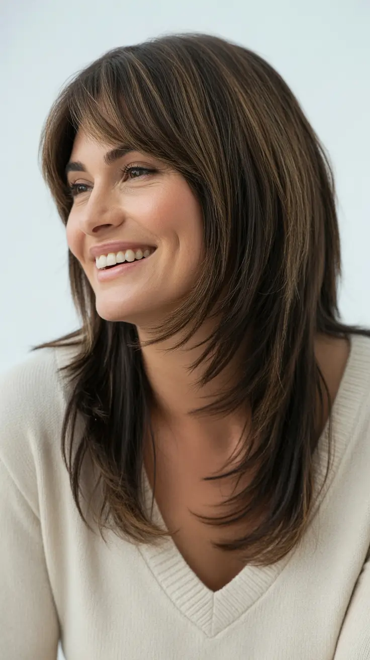 professional spring haircuts for women over 40 2026 Long Feathered Layers with Face-Framing Fringe
