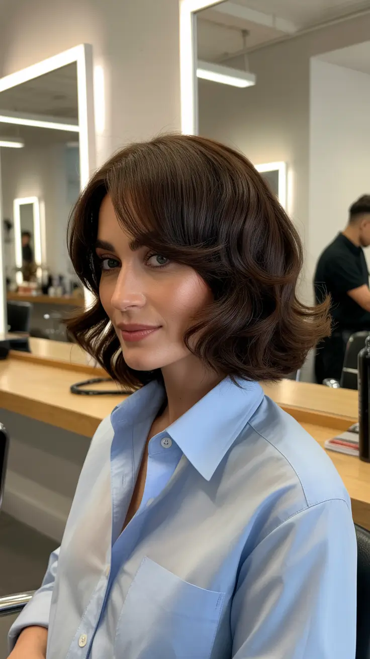 professional spring haircuts for women over 40 2026 Polished Curved Short Bob with Sculpted Waves