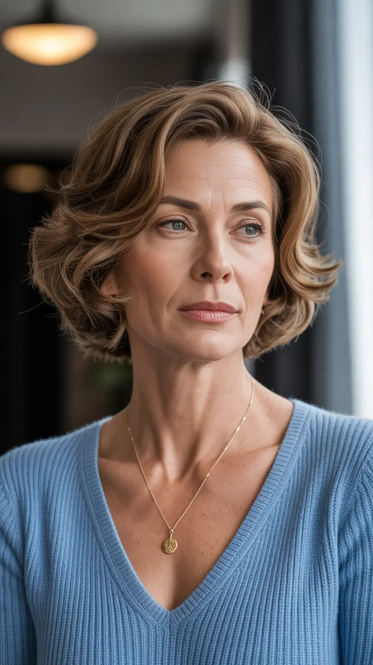 professional spring haircuts for women over 40 2026 Classic Voluminous Short Cut with Soft Side Sweep