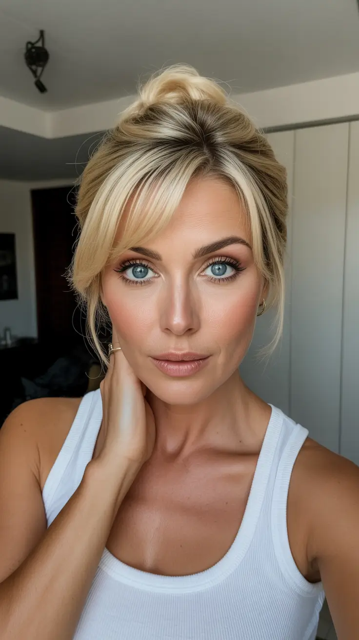 professional spring haircuts for women over 40 2026 Soft Blonde Updo with Curtain Fringe