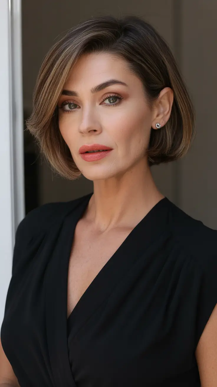 professional spring haircuts for women over 40 2026 Polished Side-Parted Short Bob with Glossy Finish