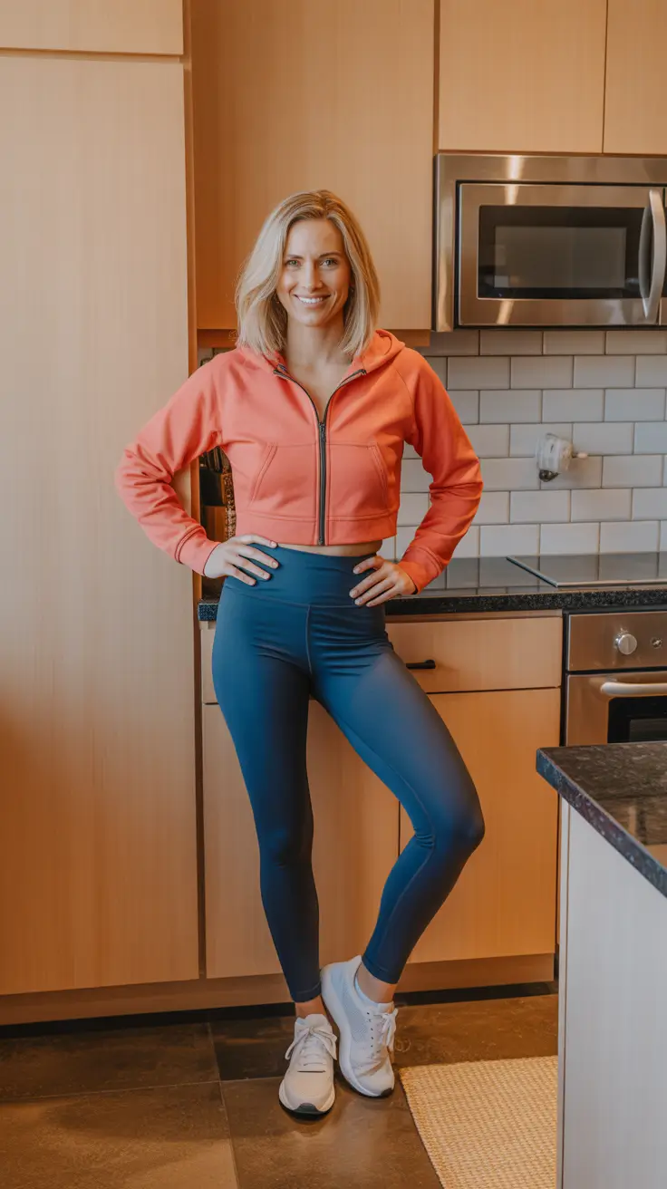 radiant leggings outfit spring 2026 Coral Warmth with Cool Blue Contrast