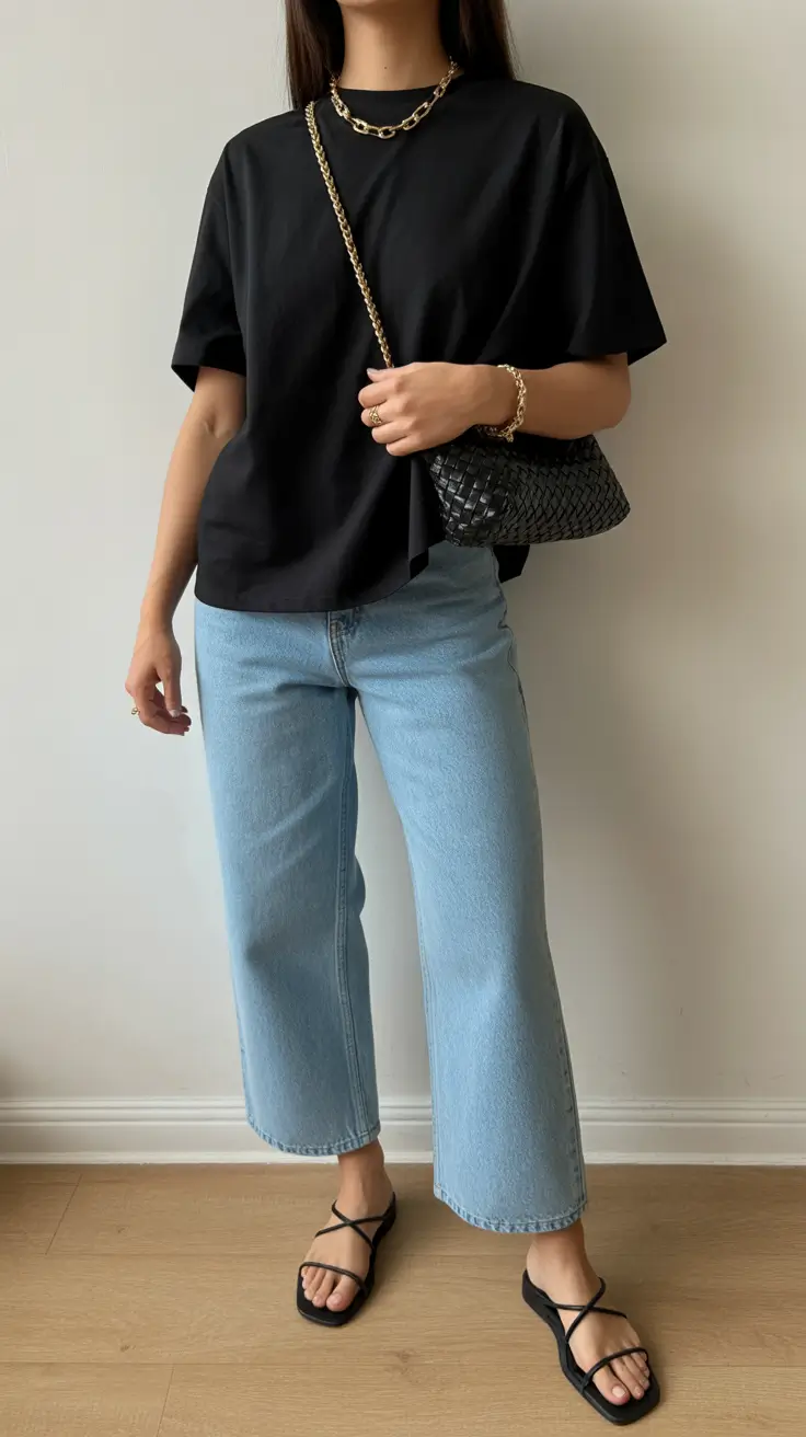 radiant spring jeans outfit 2026 Effortless Black Tee and Light Denim for Early Spring Ease