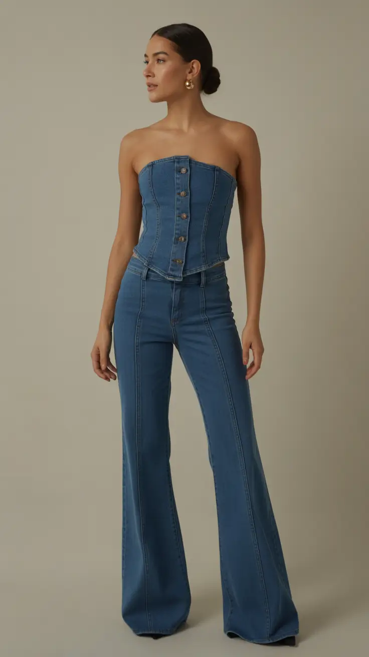 radiant spring jeans outfit 2026 Strapless Denim Corset Set with Sculpted Lines