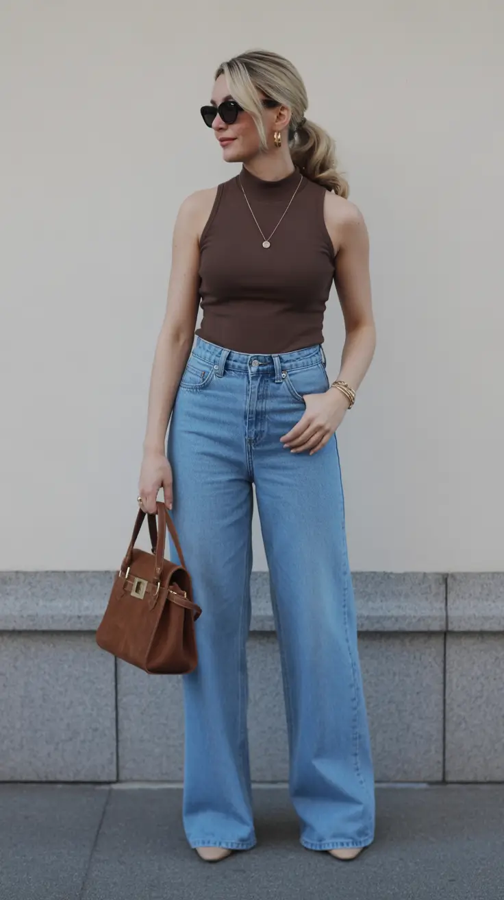 radiant spring jeans outfit 2026 Dark Taupe Tank and Sky-Blue Denim for Sunlit Early Spring