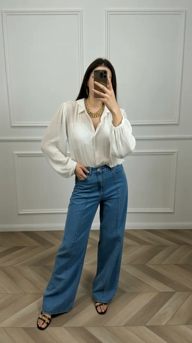 radiant spring jeans outfit 2026 Lightweight White Blouse and Denim with Gold Accents