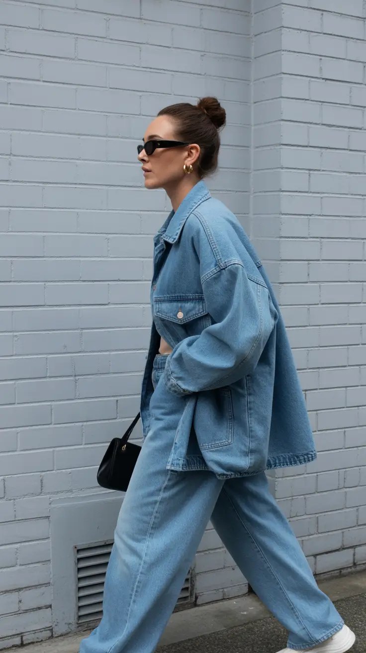 radiant spring jeans outfit 2026 Soft Blue Monochrome Denim with Minimalist Accessories