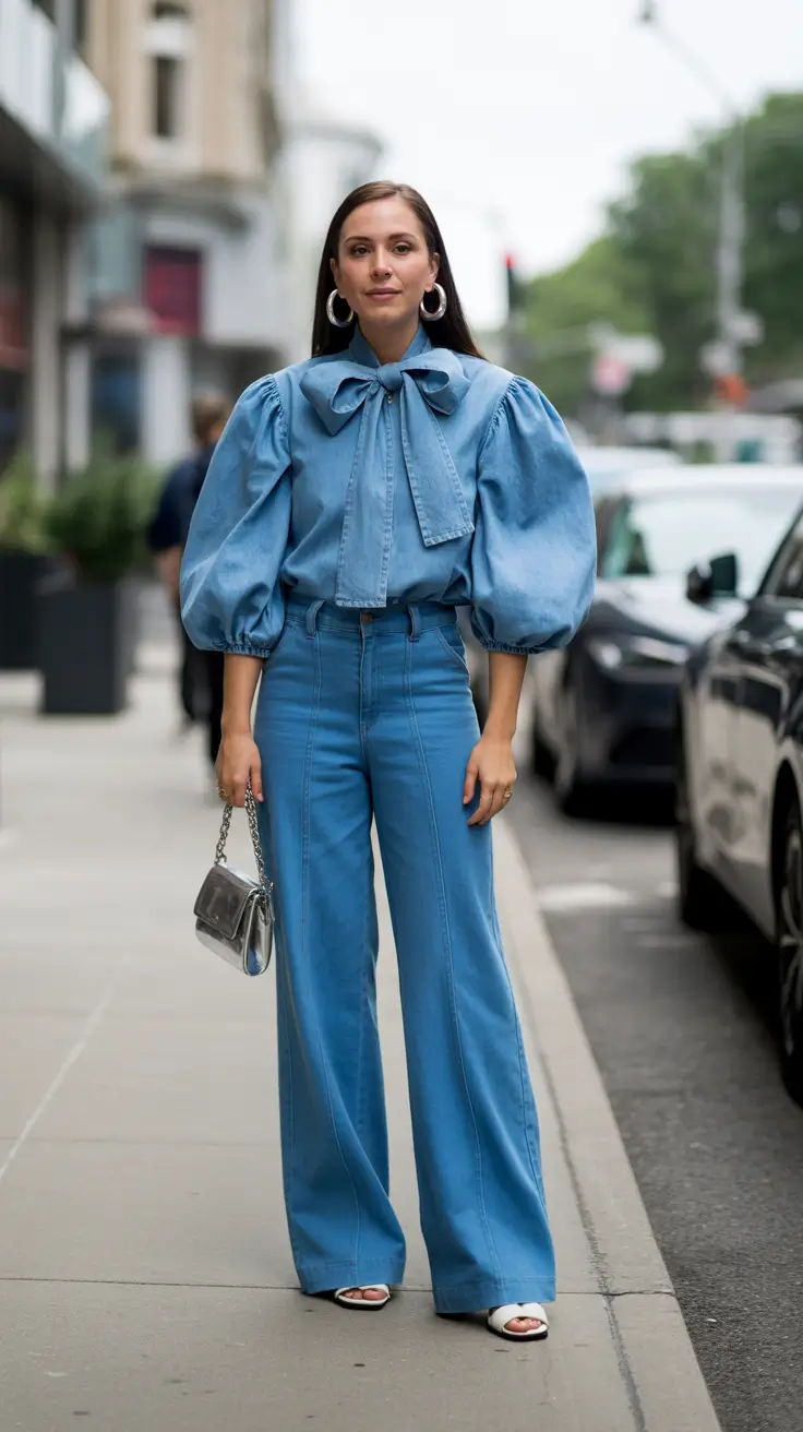 radiant spring jeans outfit 2026 Voluminous Denim Blouse and Tailored Jeans with Statement Details