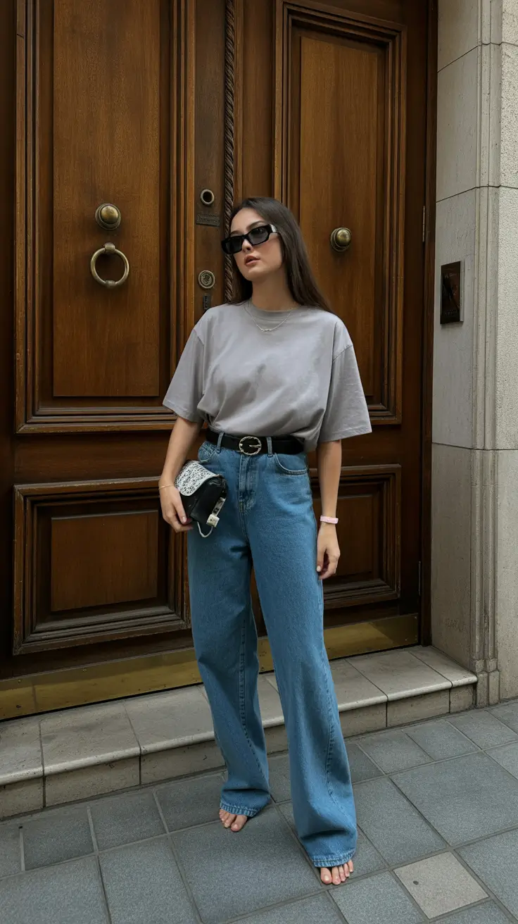 radiant spring jeans outfit 2026 Muted Gray Tee and Structured Denim for Minimalist Spring Energy
