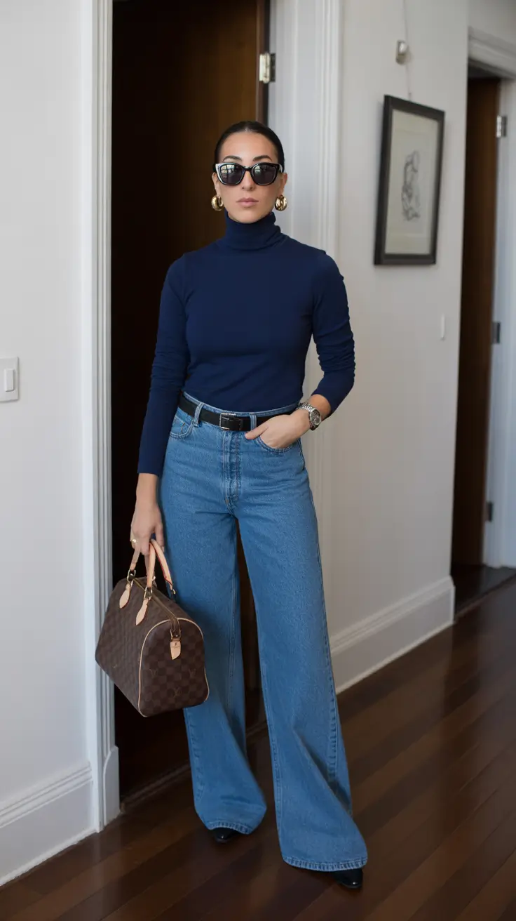 radiant spring jeans outfit 2026 Navy Turtleneck and Structured Denim for a Classy 2026 Mood