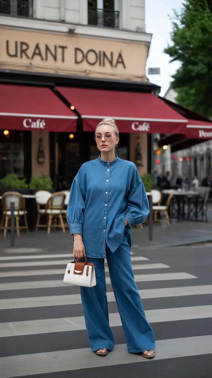 radiant spring jeans outfit 2026 Mandarin-Collar Denim Shirt with Gentle Volume and Matching Jeans