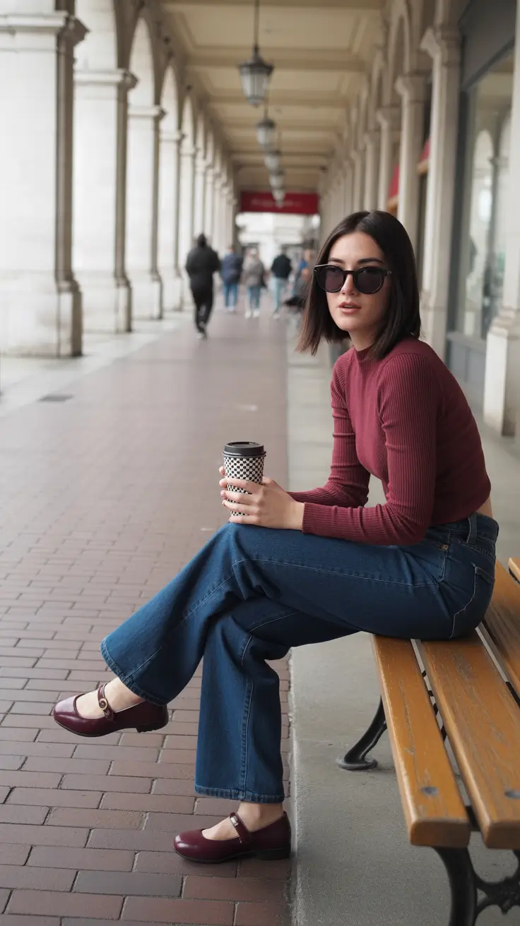 radiant spring jeans outfit 2026 Warm Burgundy Knit and Deep Indigo Denim for Café-Ready Spring Days