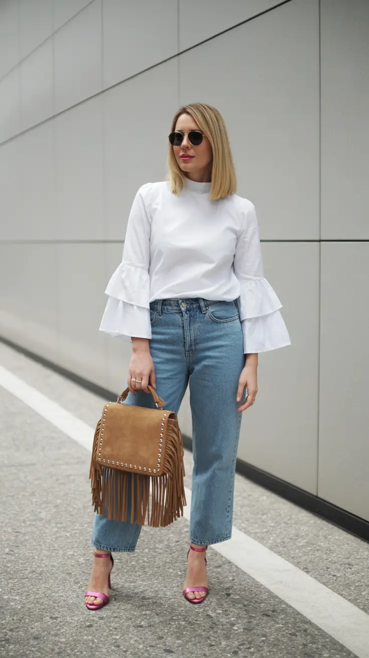 radiant spring jeans outfit 2026 Ruffled Sleeves and Straight Denim for a Playful Spring Statement