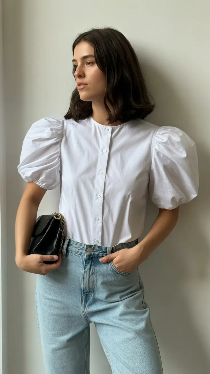 radiant spring jeans outfit 2026 Soft Puff-Sleeve Blouse with Vintage-Look Denim