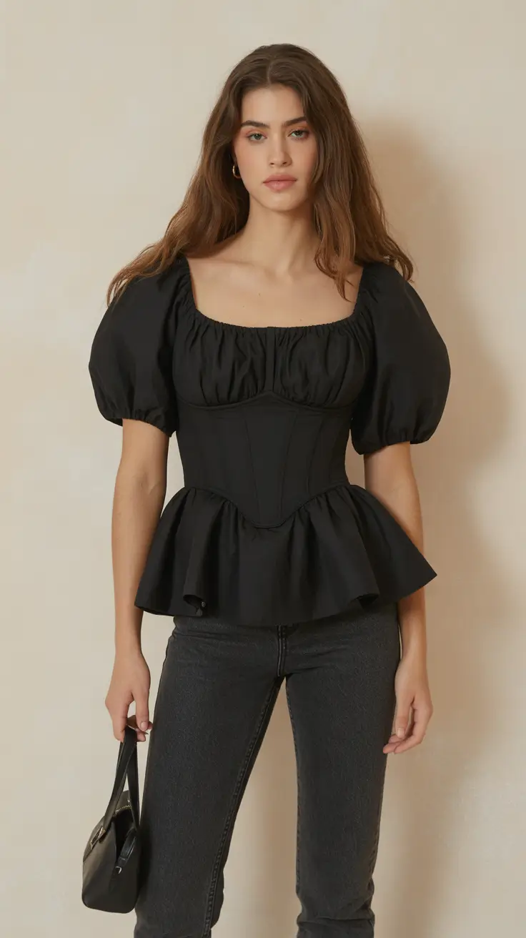 radiant spring jeans outfit 2026 Black Peplum Corset Top with Charcoal Denim