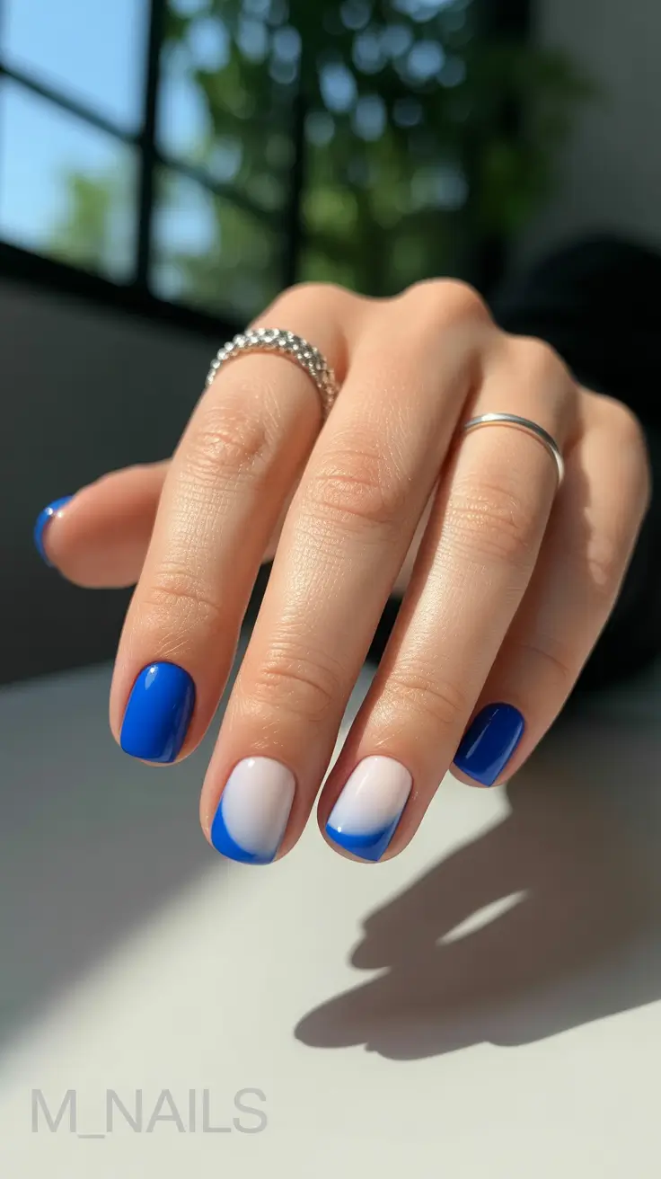 short spring nails inspiration 2026 Cobalt Minimalism Meets Modern French Energy
