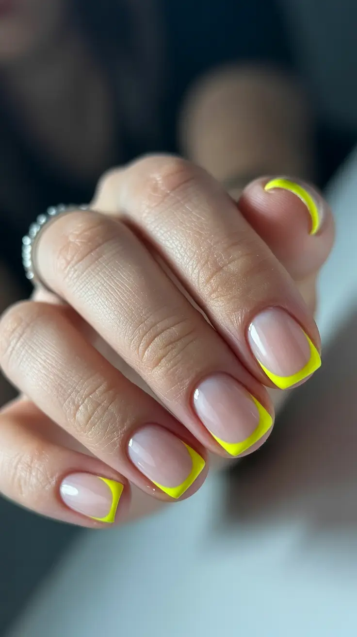 short spring nails inspiration 2026 Neon Yellow French Tips on Sheer Base