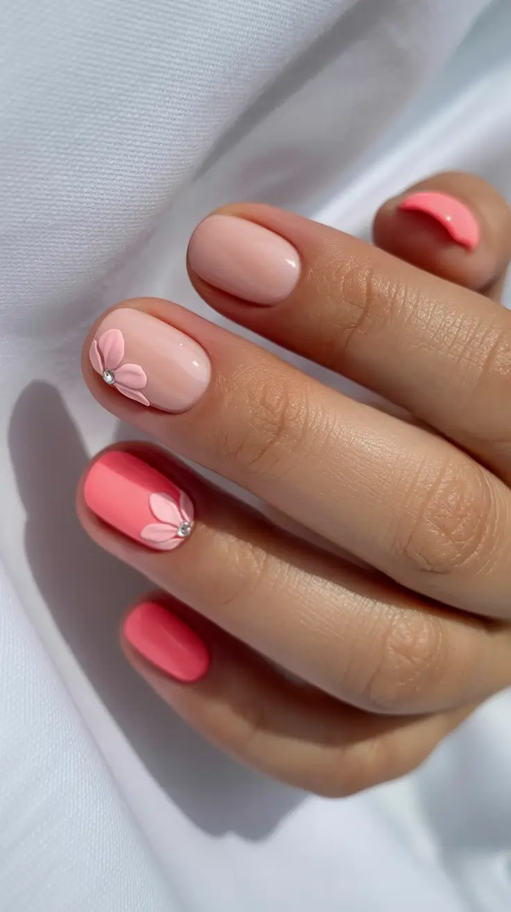short spring nails inspiration 2026 Coral Petal Accents with Rhinestone Detail