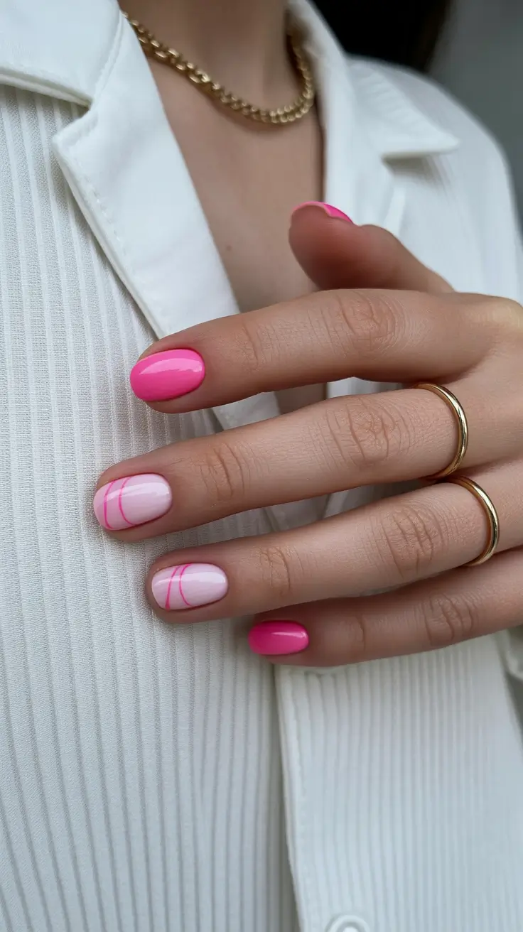 short spring nails inspiration 2026 Hot Pink Graphic Lines on Sheer Base
