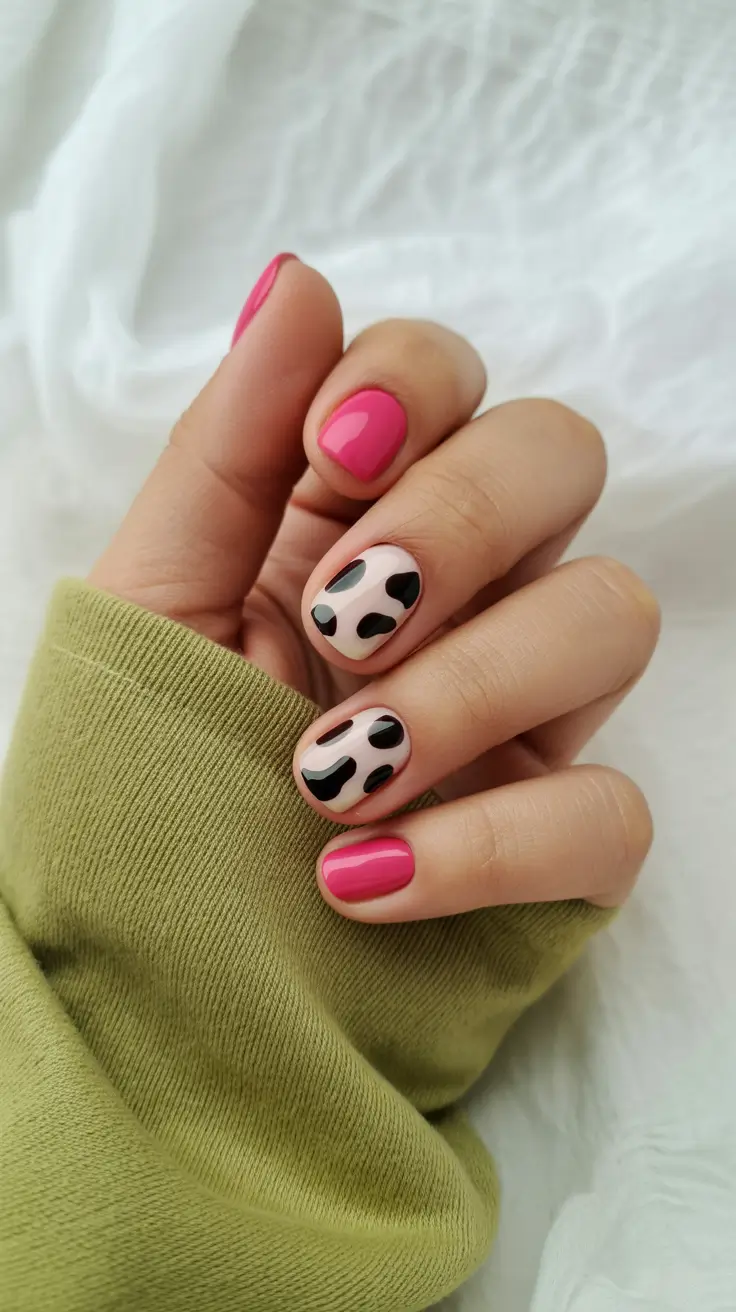 short spring nails inspiration 2026 Pink and Cow Print Contrast