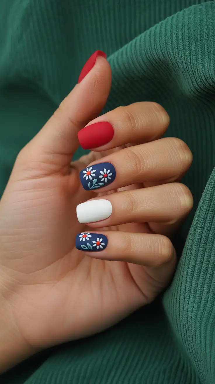 short spring nails inspiration 2026 Matte Navy Florals with Red Accent