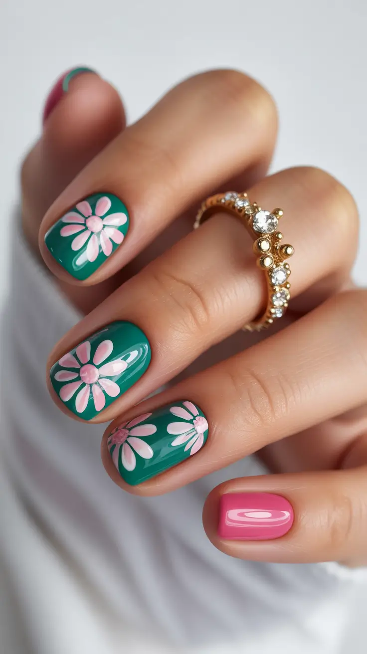 short spring nails inspiration 2026 Retro Green Florals with a Pop of Pink