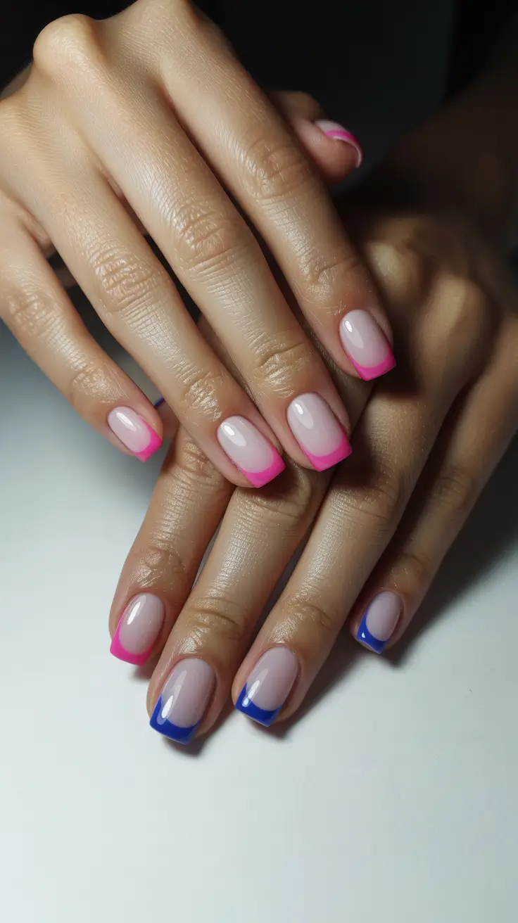 short spring nails inspiration 2026 Dual Color French Tips in Pink and Blue
