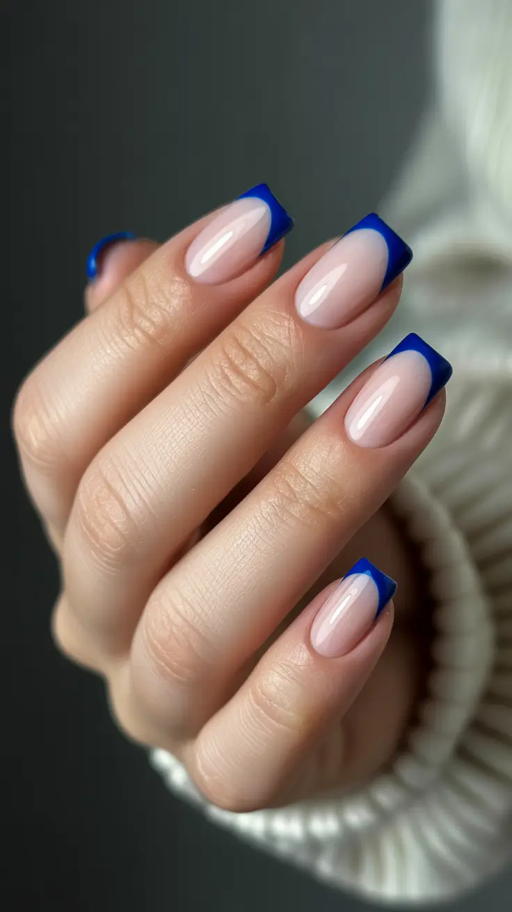 short spring nails inspiration 2026 Bold Cobalt French on Soft Almond Base
