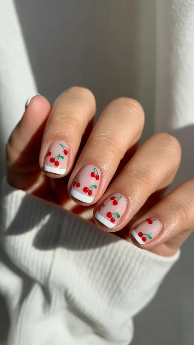 short spring nails inspiration 2026 Cherry French with Playful Red Art