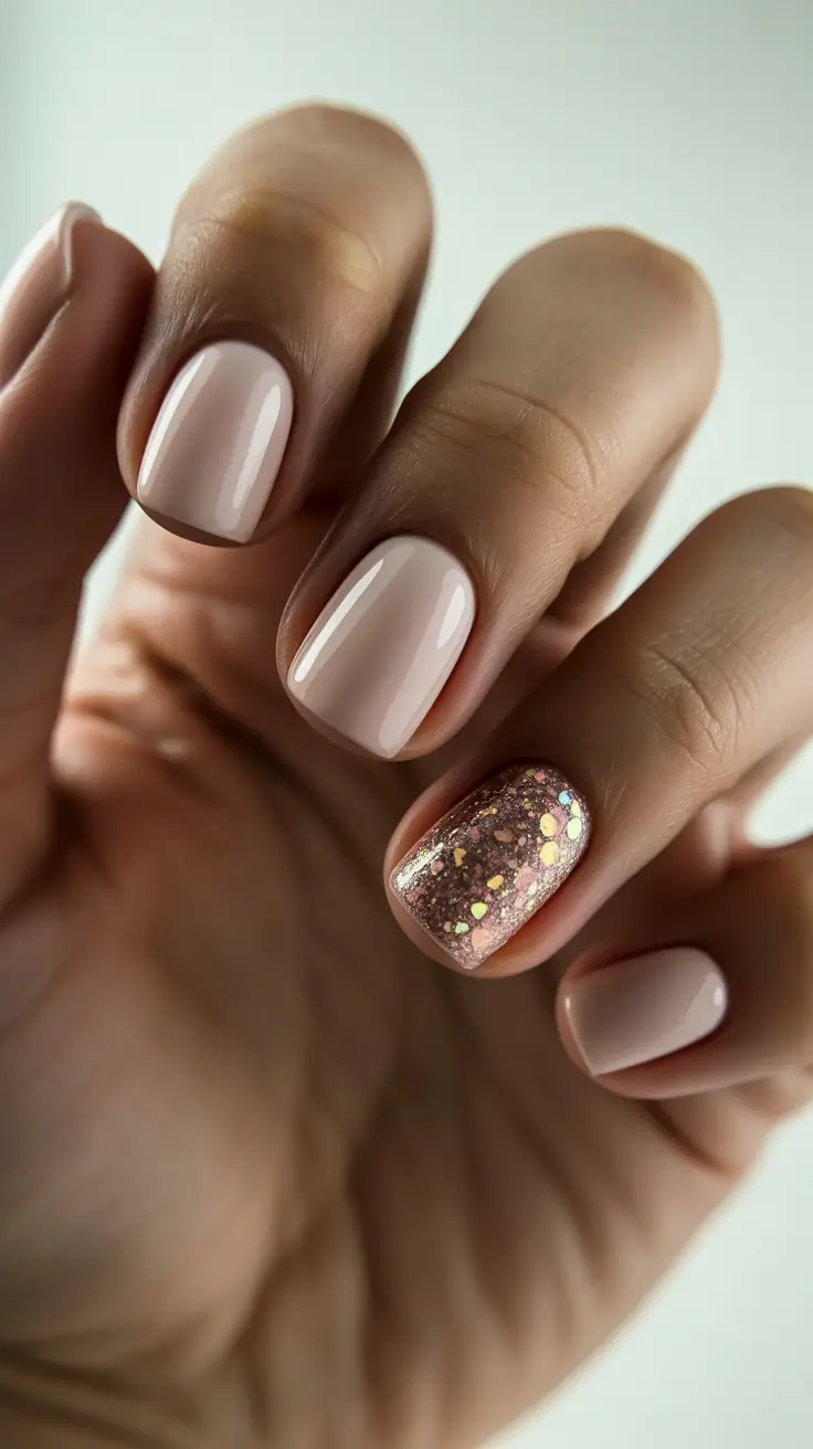 short spring nails inspiration 2026 Minimal Nude with Glitter Accent