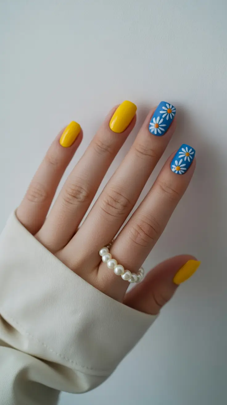 short spring nails inspiration 2026 Bold Yellow and Blue Daisy Contrast