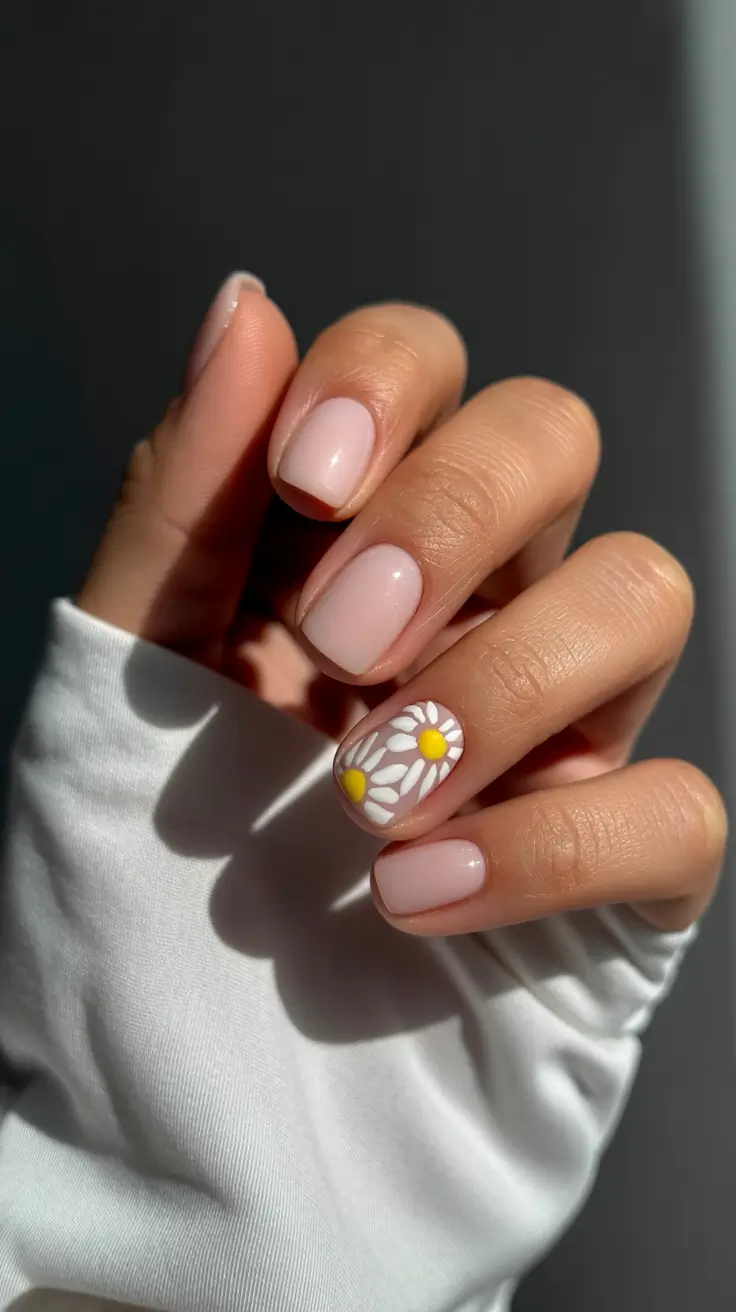 short spring nails inspiration 2026 Minimal Blush with a Single Daisy Accent