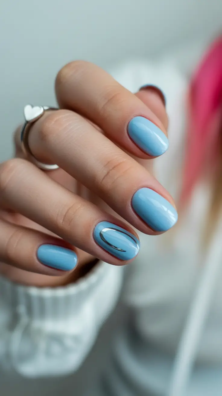 short spring nails inspiration 2026 Powder Blue Minimalism with a Metallic Whisper