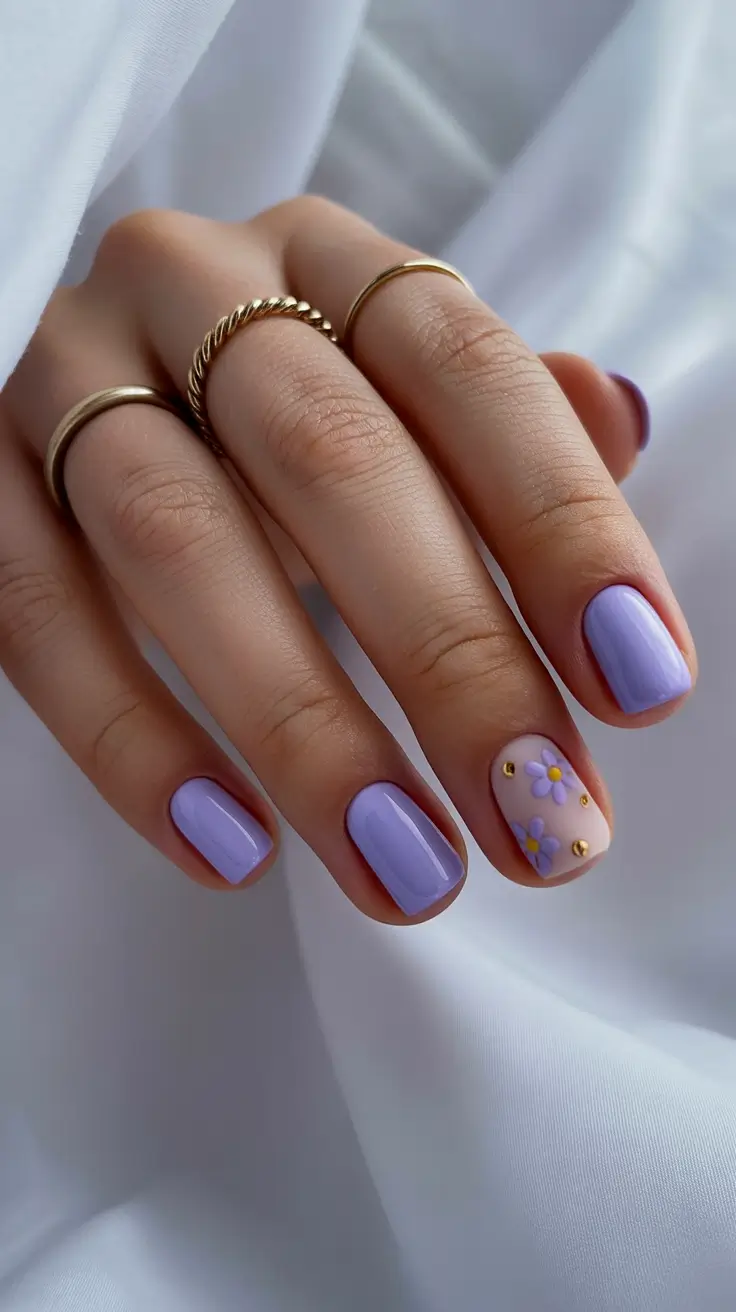 short spring nails inspiration 2026 Lavender Bloom with Delicate Floral Studs