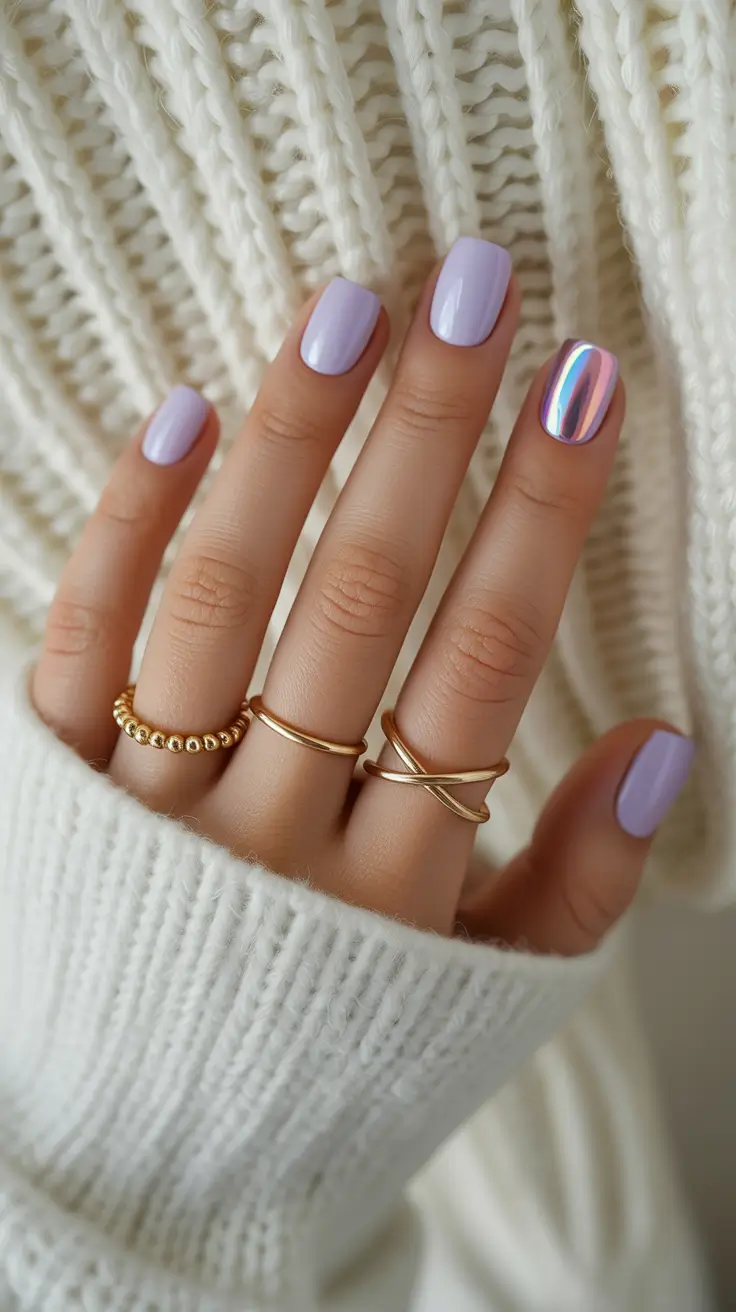 short spring nails inspiration 2026 Glossy Lilac with a Holographic Accent