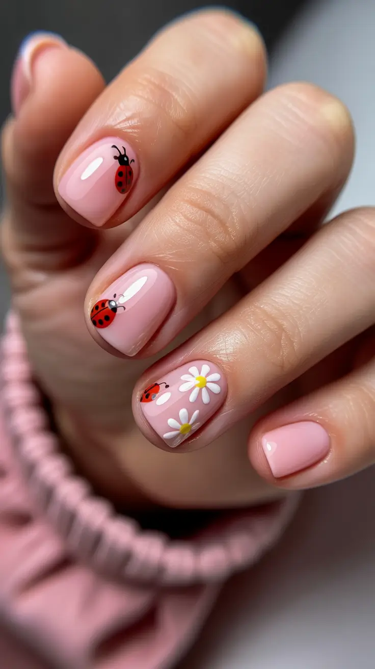 short spring nails inspiration 2026 Blush Pink with Playful Ladybug Art