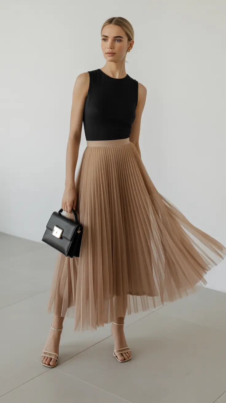 simple early spring outfits 2026 Neutral Romance with a Modern Pleated Silhouette