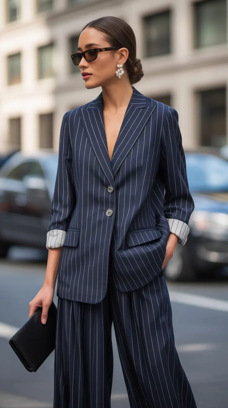 smart spring business casual outfits 2026 Navy Pinstripes for Sharp Spring Days