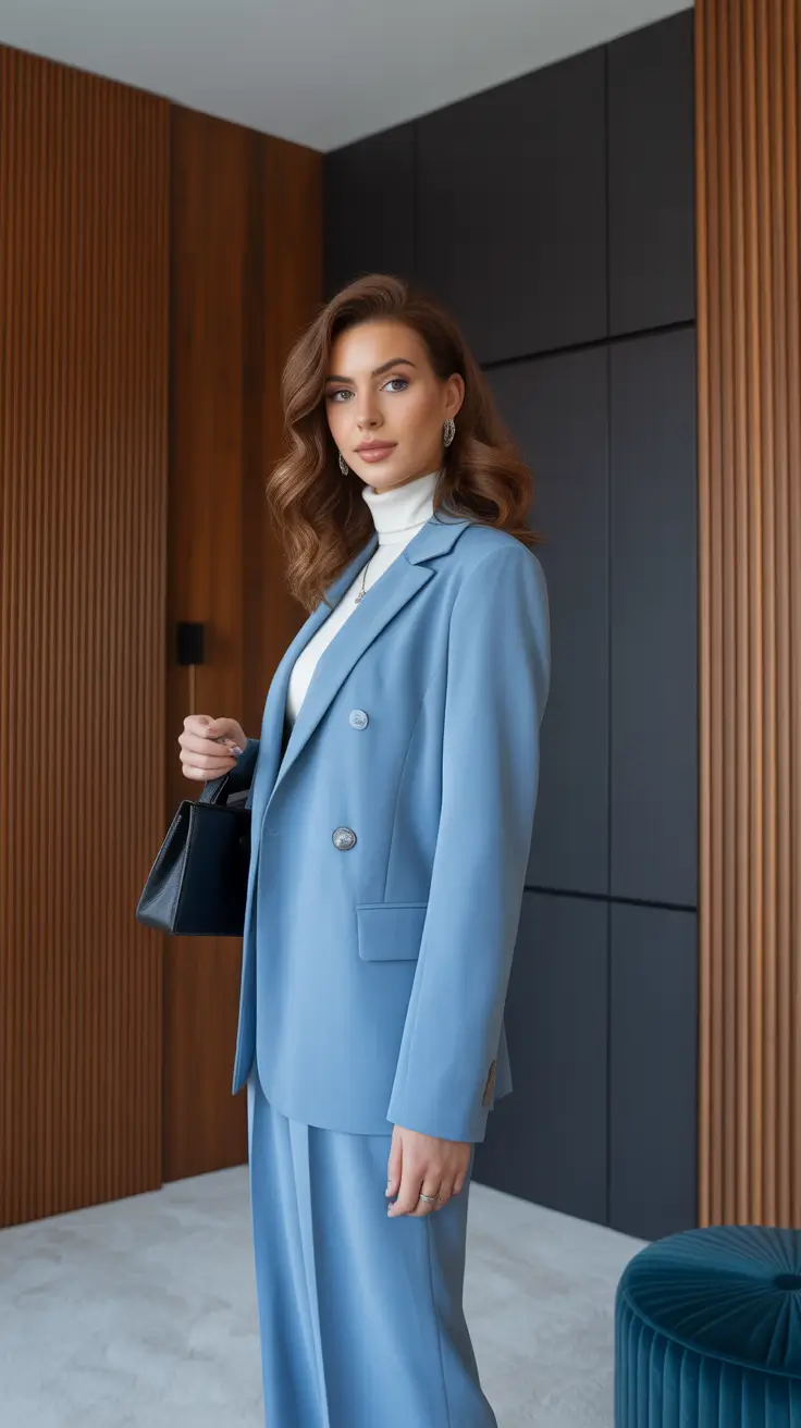 smart spring business casual outfits 2026 Soft Blue Confidence in Monochrome