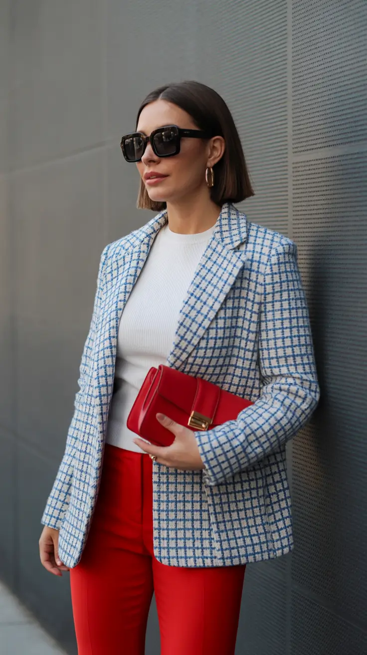 smart spring business casual outfits 2026 Chic Textures With a Pop of Red
