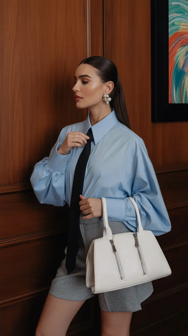 smart spring business casual outfits 2026 Oversized Blue Shirt With Confident Femininity