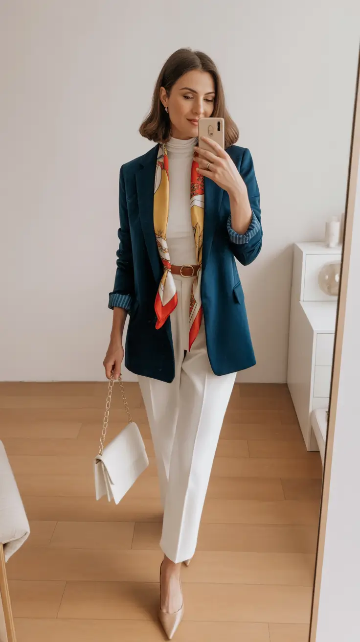 smart spring business casual outfits 2026 Elegant Teal Layers With a Touch of Color