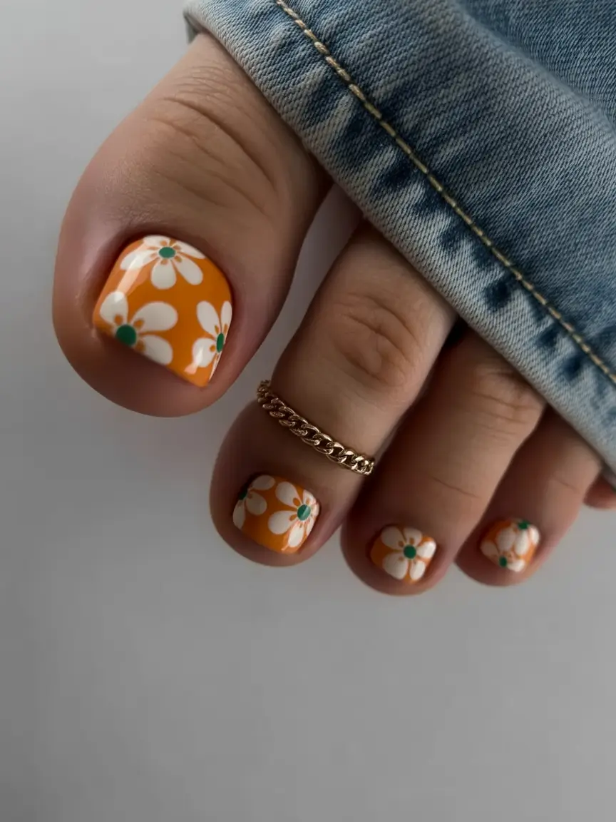Sophisticated Spring Toe Nails 2026 Orange Daisies Art