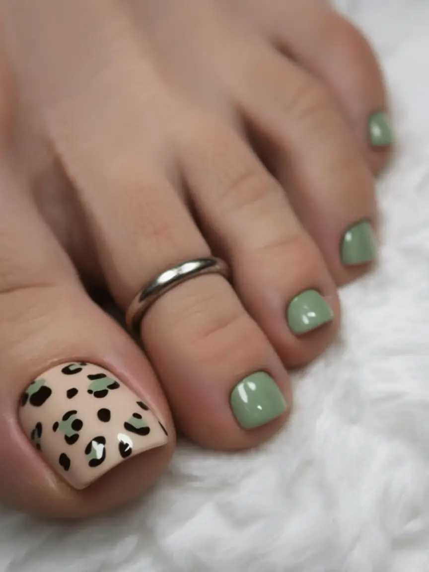 Sophisticated Spring Toe Nails 2026 Leopard Soft Green