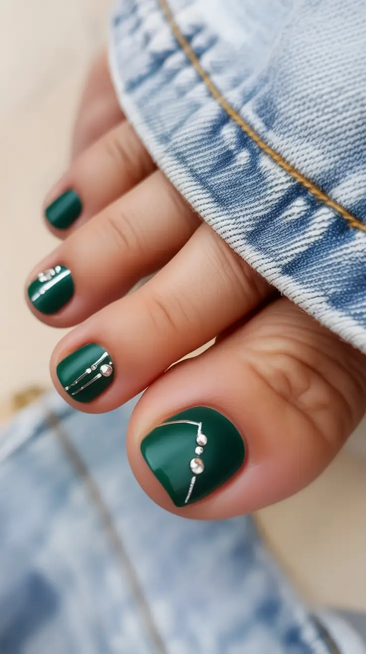Sophisticated Spring Toe Nails 2026 Green Silver Art