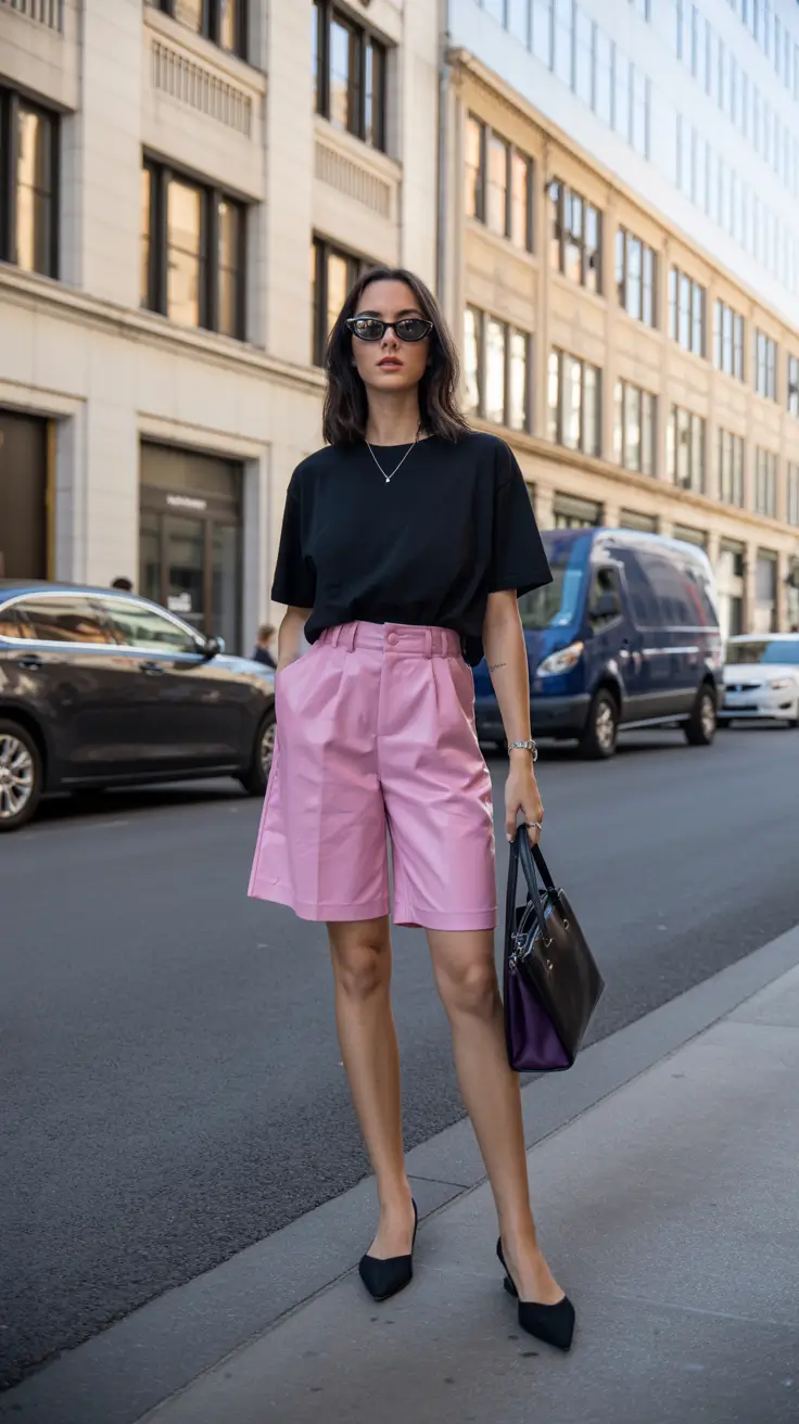 stylish classy spring outfits for 2026 Urban Pink Shorts With Effortless Black Essentials