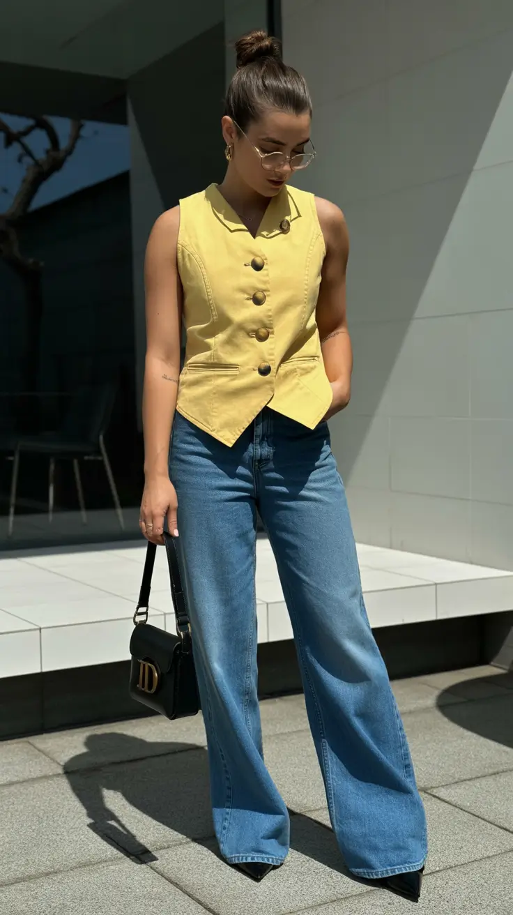 stylish classy spring outfits for 2026 Yellow Vest Tailoring With Weekend Denim Ease